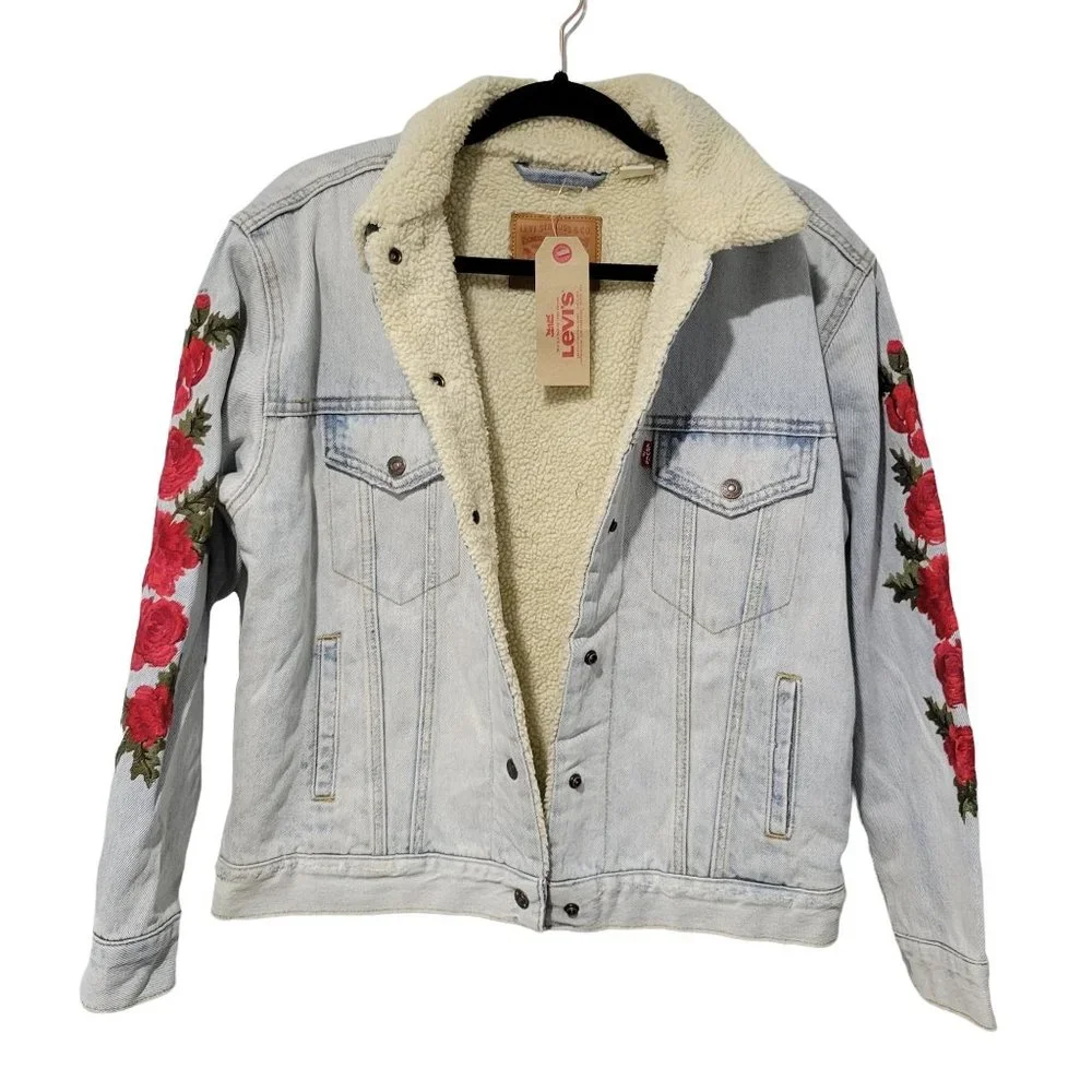 Women's Blue Ex-boyfriend Floral-embroidered Denim Sherpa Trucker Jack… - Picture 5 of 12